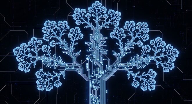 Illuminated blue digital tree structure composed of interconnected circuits symbolizing growth data science artificial intelligence and futuristic network architecture on transparent background