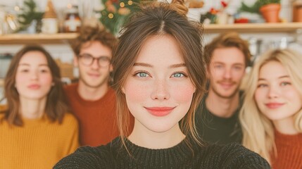 Fototapeta premium Young woman with freckles and bright blue eyes taking a selfie with diverse group of friends in a cozy indoor setting