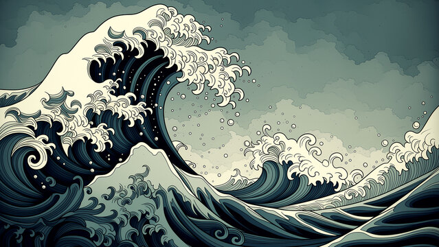 浮世絵風の青い大波と白いしぶきの抽象イラスト背景