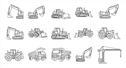 Construction Vehicle Icon Set – Heavy Machinery Line Vector for Engineering and Infrastructure Work © RNB DESIGN