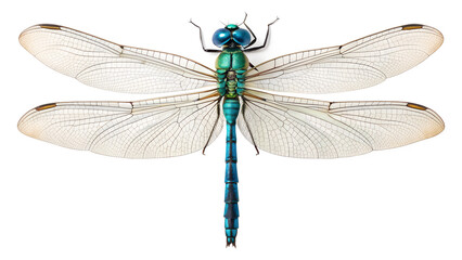 Blue and Green Dragonfly Macro Profile View Isolated on White Background