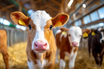 Close-Up of Curious Calf with Brown and White Markings in Farm Barn