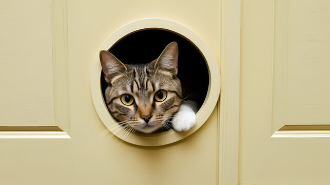 A cat hide peeps through the door
