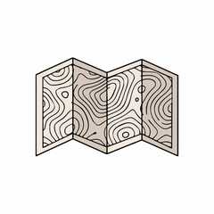 Topographic map folded paper showing contour lines and elevation changes in a detailed illustration with a light beige background and a simple outline style