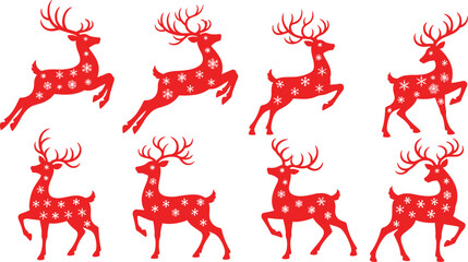 Red reindeer silhouettes with snowflake patterns, standing and leaping poses, Christmas holiday vector illustration for festive, seasonal and decorative design projects © SABINA