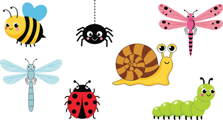Cute garden insects collection bee dragonfly snail caterpillar cartoon vector illustration set isolated background © Sumon Creative