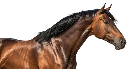 Obraz premium Majestic Brown Bay Horse Galloping Side Profile Isolated on White Background