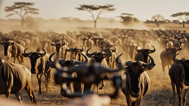 Dynamic herd of wildebeest on a dusty savannah in motion.