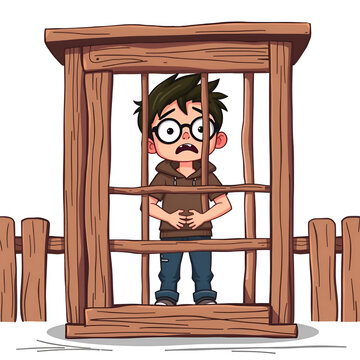Cyberbullying conceptual illustration. young geek standing locked in the wooden pillory / editable flat vector illustration