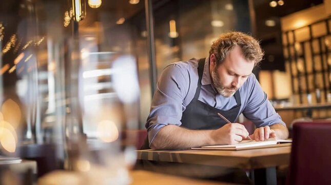establishment. Small business owner focused on work at restaurant table with blurred background. pitch deck slides, case study pages, designed for brand storytelling and e-commerce strategy.