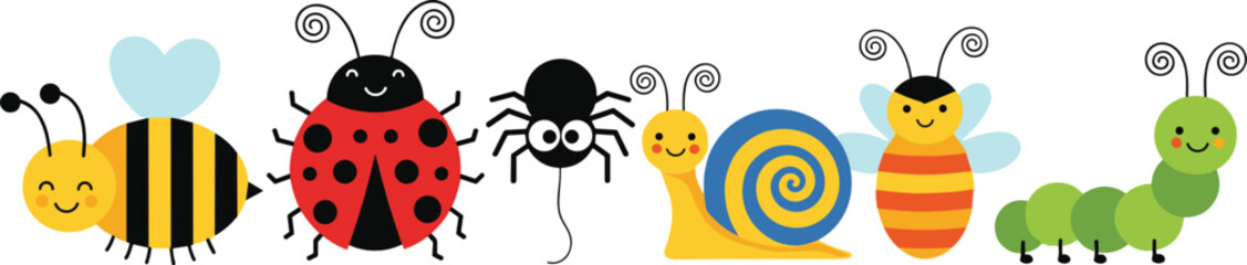 Cute garden insects collection bee ladybug spider snail butterfly caterpillar cartoon vector illustration set isolated background © Sumon Creative