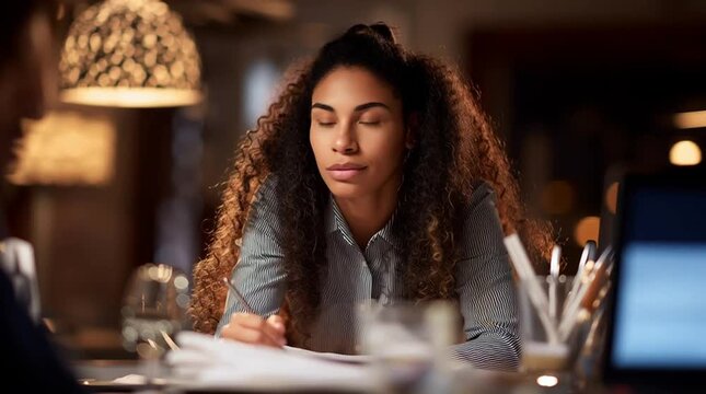 establishment. Small business owner focused on work at restaurant table with blurred background. pitch deck slides, case study pages, designed for brand storytelling and e-commerce strategy.