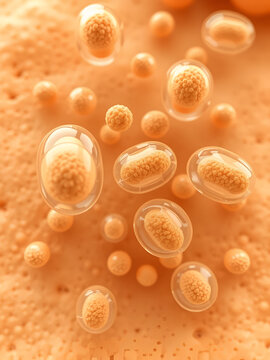 3D scientific illustration of dermatophyte fungus spores responsible for ringworm (tinea) infection. The spores are shown as oval capsules with translucent outer membranes