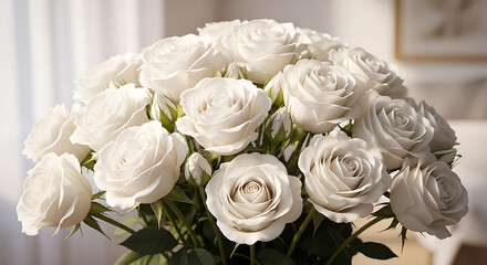 Obraz premium Elegant White Roses Bouquet, Lush Floral Arrangement, Romantic Beauty, Isolated on Transparent Background