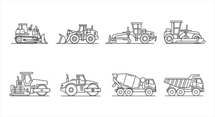 Construction Vehicle Icon Set – Heavy Machinery Line Vector for Engineering and Infrastructure Work © RNB DESIGN