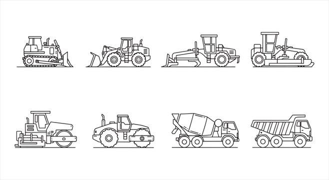 Construction Vehicle Icon Set &ndash; Heavy Machinery Line Vector for Engineering and Infrastructure Work
