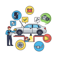 Car Repair Service: Mechanic Inspecting Vehicle with Auto Parts Icons