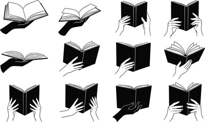 Hands holding books illustration set, reading gestures, open book poses, education learning concept, black white line art vector collection