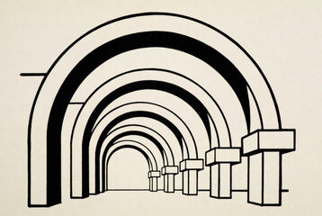 Fototapeta premium Abstract architectural curved archway line art with depth and perspective.