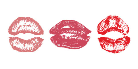 Set of lipstick kiss print Different shapes and colors imprint of lips Red pink female sexy lips makeup Design elements for beauty fashion poster Valentines Day wedding