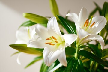 Obraz premium Elegant White Lily Closeup with Luminous Glow and Neutral Background