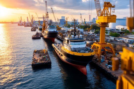 Overview of Ongoing Boat Repairs at a Busy Boatyard at Sunset Light