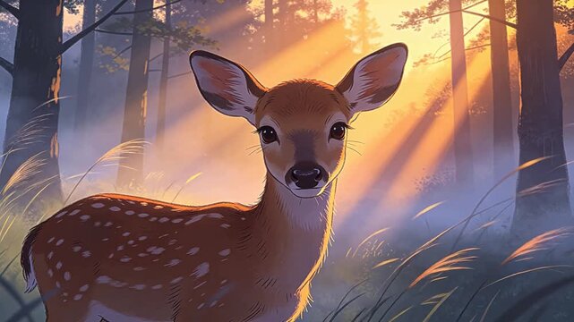 Spotted deer standing in forest with sunlight beams and trees