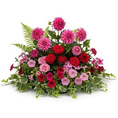 A bouquet of pink and red flowers with green leaves