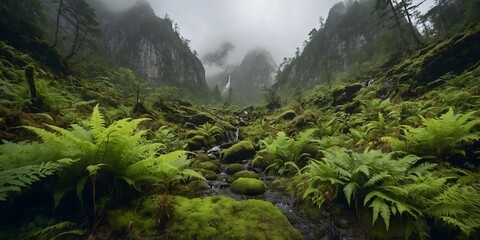 Misty fern valley with waterfalls