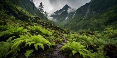 Trail through lush fern mountains