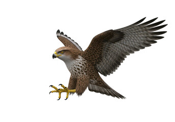 Obraz premium A brown and gray bird of prey flying through the air with its wings spread isolated on transparent background