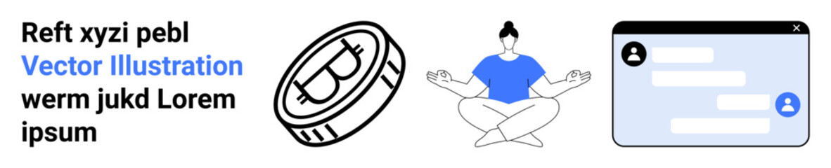 Fototapeta premium Cryptocurrency, mindfulness, online communication, digital economy, financial health, self-care. Bitcoin coin, meditating person and chat interface illustration. Cryptocurrency and mindfulness