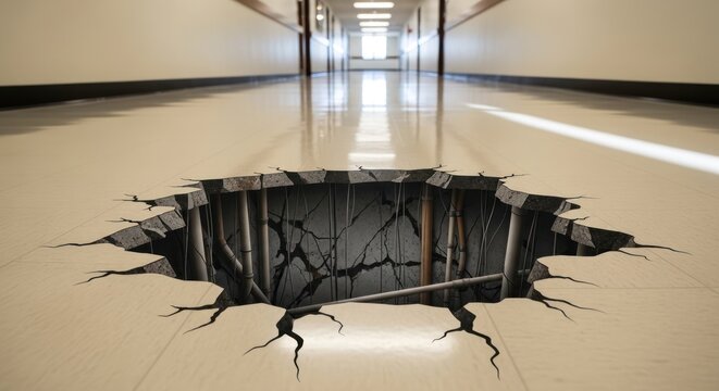 Damaged floor with large hole and cracks in hallway.
