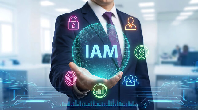 Identity and Access Management Concept with Businessman Holding IAM Network Globe