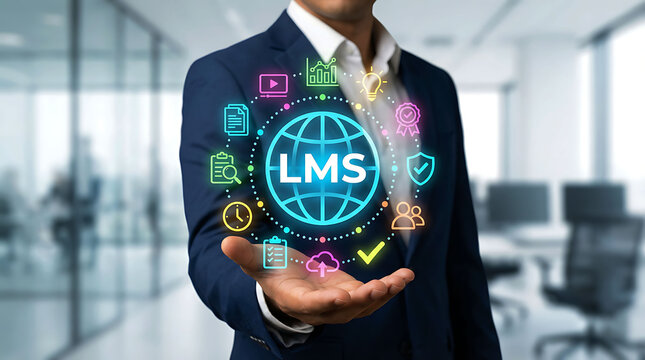 Businessman holding virtual LMS globe icon for learning management system platform