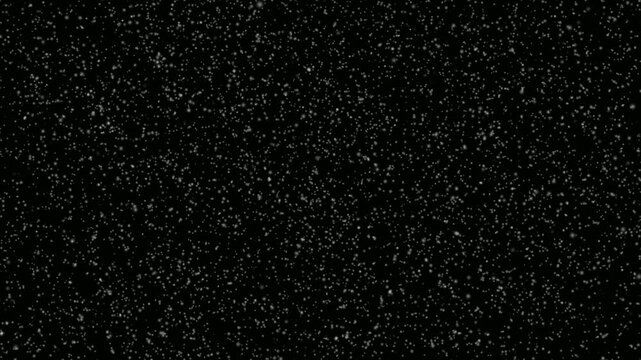 Christmas snow falling overlay on black background. Bright realistic snow flakes falling animation. Snow winter holiday black screen. It's like a shower of snow falling like rain in december.