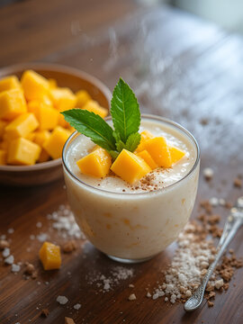 Delicious thai dessert che che nom with coconut milk and fresh mango cubes on a wooden table