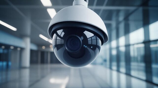 Futuristic Dome Security Camera with a Glowing Digital Eye in Modern Interior