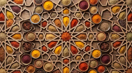 Top-Down View of Assorted Colorful Spices in Bowls on Intricate Wooden Pattern © FahimAbrar
