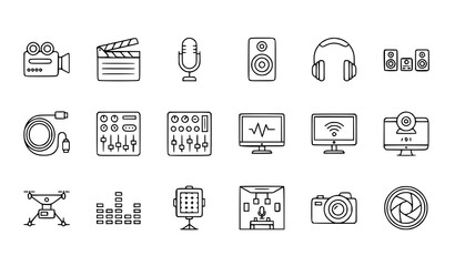 Black Line Icons of Audio-Visual Devices – Modern AV Equipment Vector Collection © MdMursalin