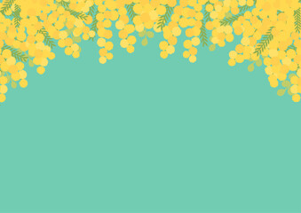 ターコイズブルーの背景に淡い黄色のミモザの花を上部に飾ったフレーム