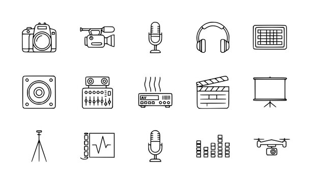 Minimal Audio-Visual Outline Icons Set &ndash; AV Technology Vector Pack