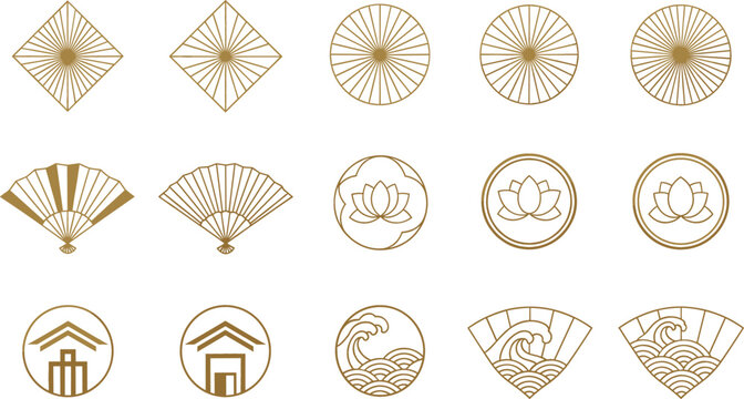Japanese inspired icon set with sunburst lotus fans waves and traditional symbols minimalist golden line art vector design
