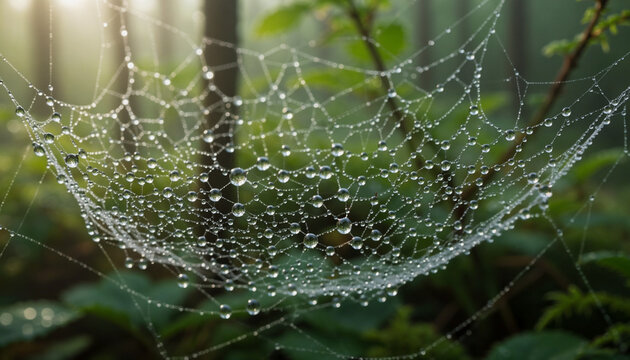 A detailed macro closeup reveals a delicate silk spider web pattern covered in glistening morning dew drops, showcasing the intricate wet texture of nature's garden trap