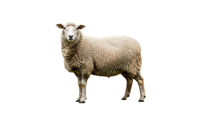 Fototapeta premium A single sheep standing on a white background, isolated and looking directly at the camera.