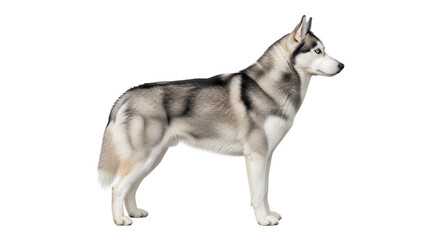 Fototapeta premium A majestic Siberian Husky dog stands proudly, showcasing its striking grey and white coat and piercing blue eyes against a clean white background.