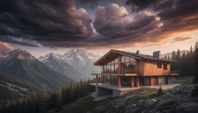 An old wooden cottage sits nestled in a lush green mountain landscape under a vibrant summer sunset sky with dramatic clouds over rural Norway
