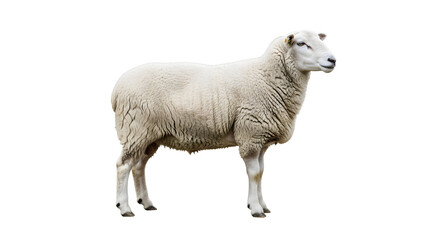 Fototapeta premium A white sheep stands isolated on a clean white background, showcasing its woolly coat and gentle demeanor.