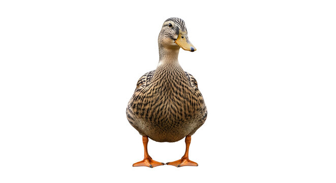 A single mallard duck stands facing forward on a white background, isolated for easy use.
