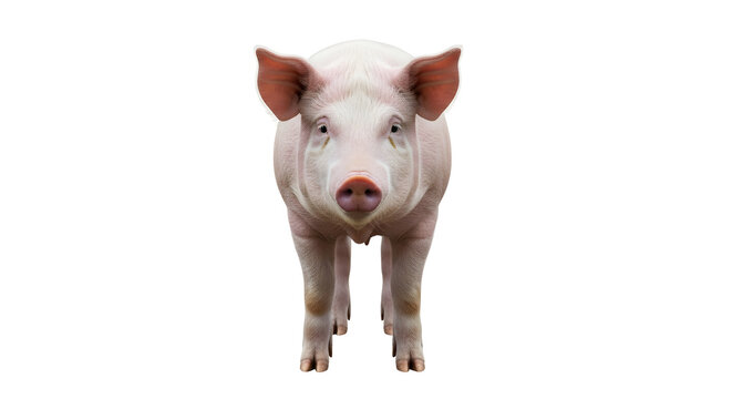 A young pink pig stands facing forward on a clean white background, looking directly at the camera.